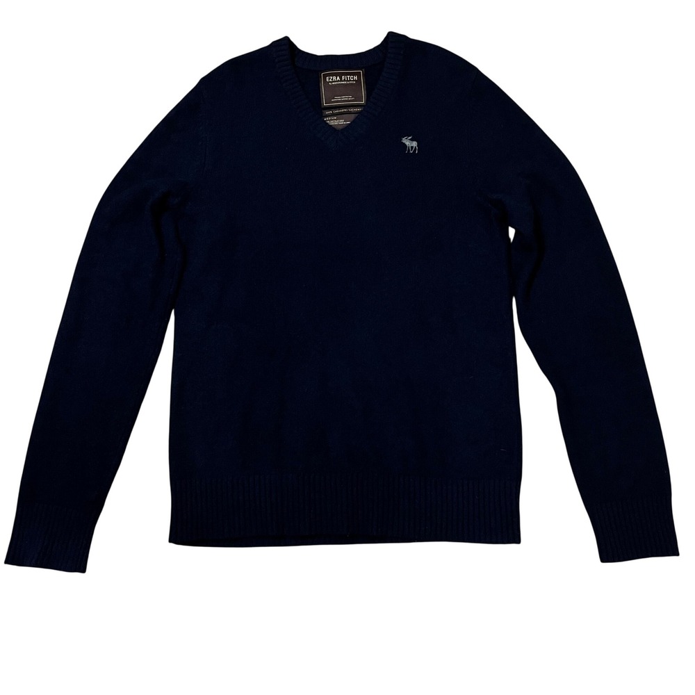 Y2K Ezra Fitch Abercrombie Fitch Navy 100%‎ Cashmere V-Neck Sweater M Old Money